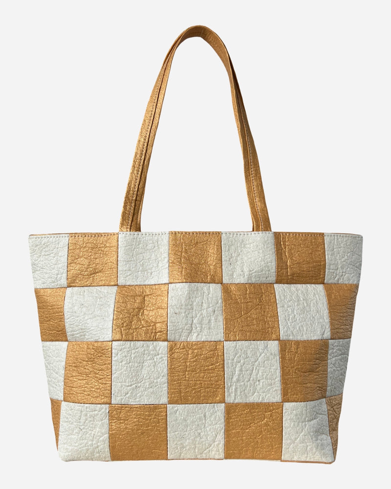 Large Tote, Checkered Patchwork Antique Gold/Natural