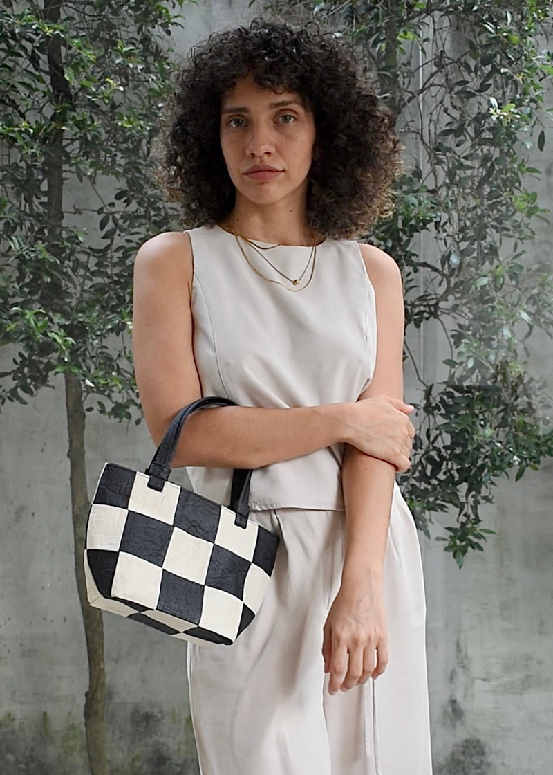 Mini Tote, Checkered Patchwork Black/Natural
