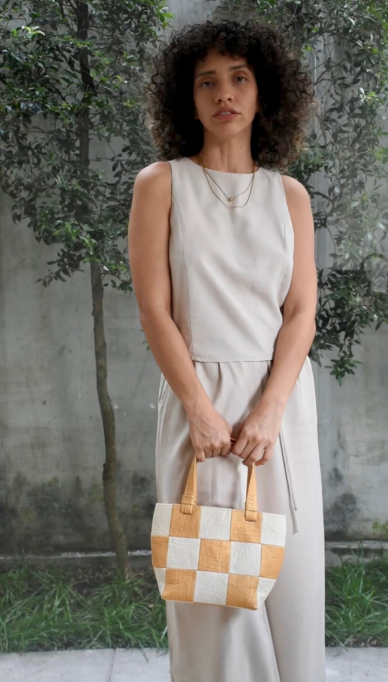 Mini Tote, Checkered Patchwork Antique Gold/Natural