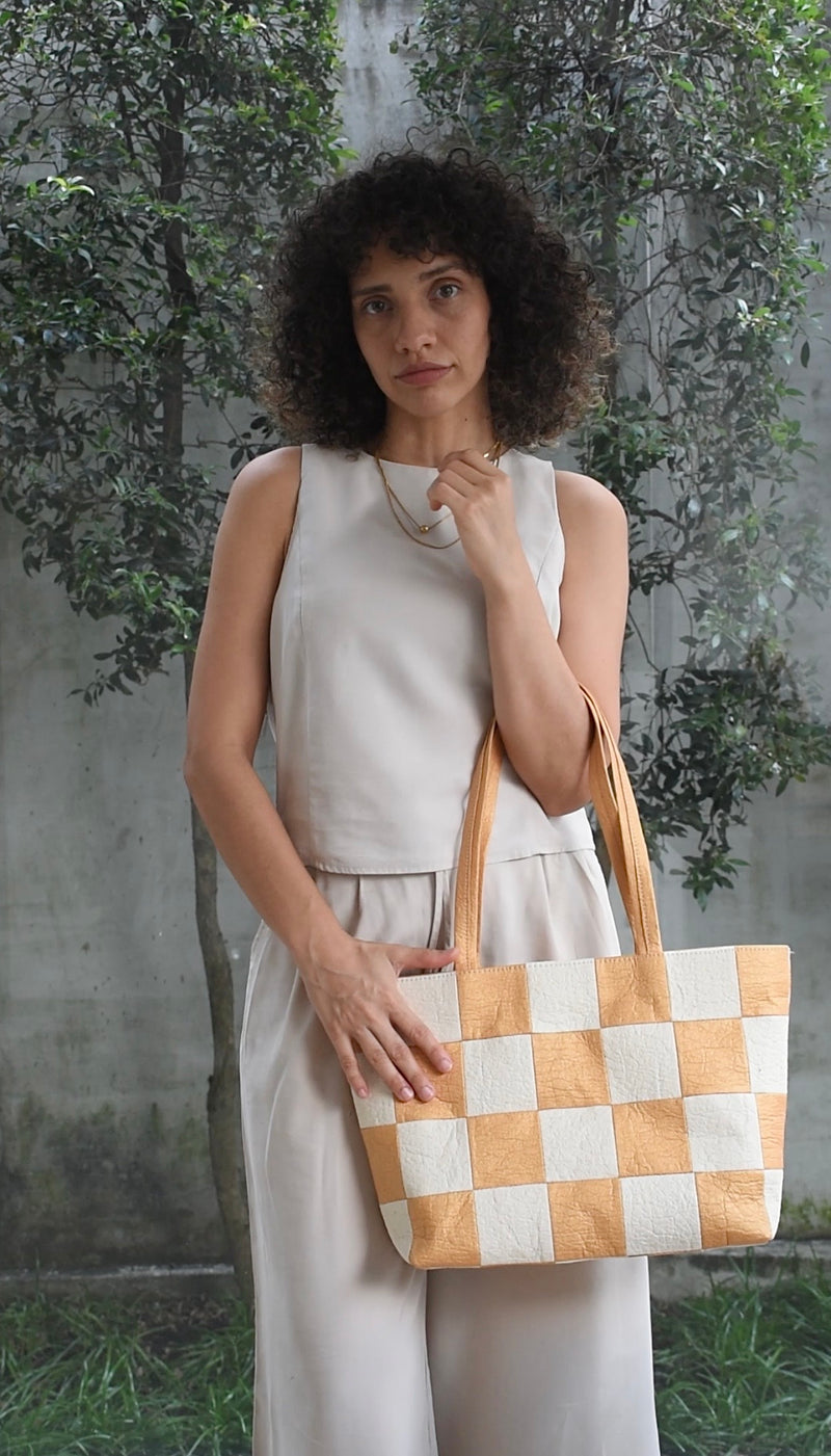 Large Tote, Checkered Patchwork Antique Gold/Natural