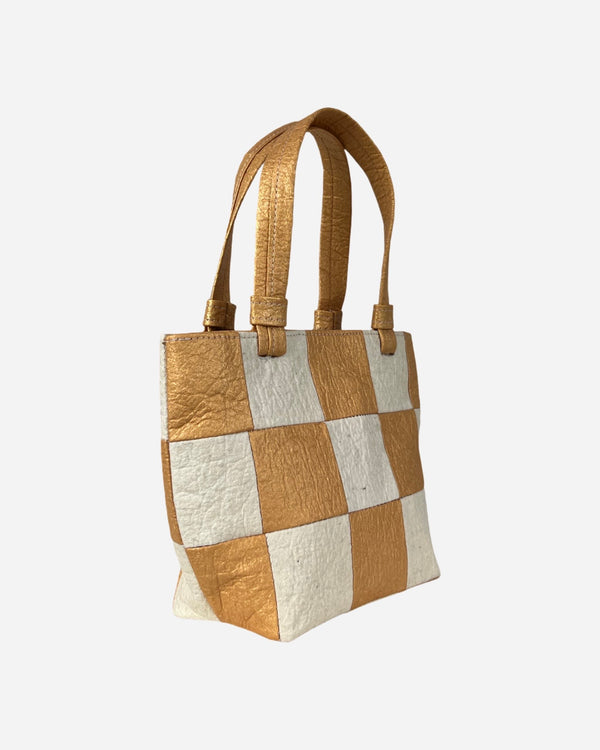 Mini Tote, Checkered Patchwork Antique Gold/Natural